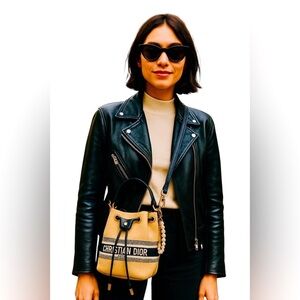 Christian Dior Beige Canvas Bucket Bag with Pearl Charm